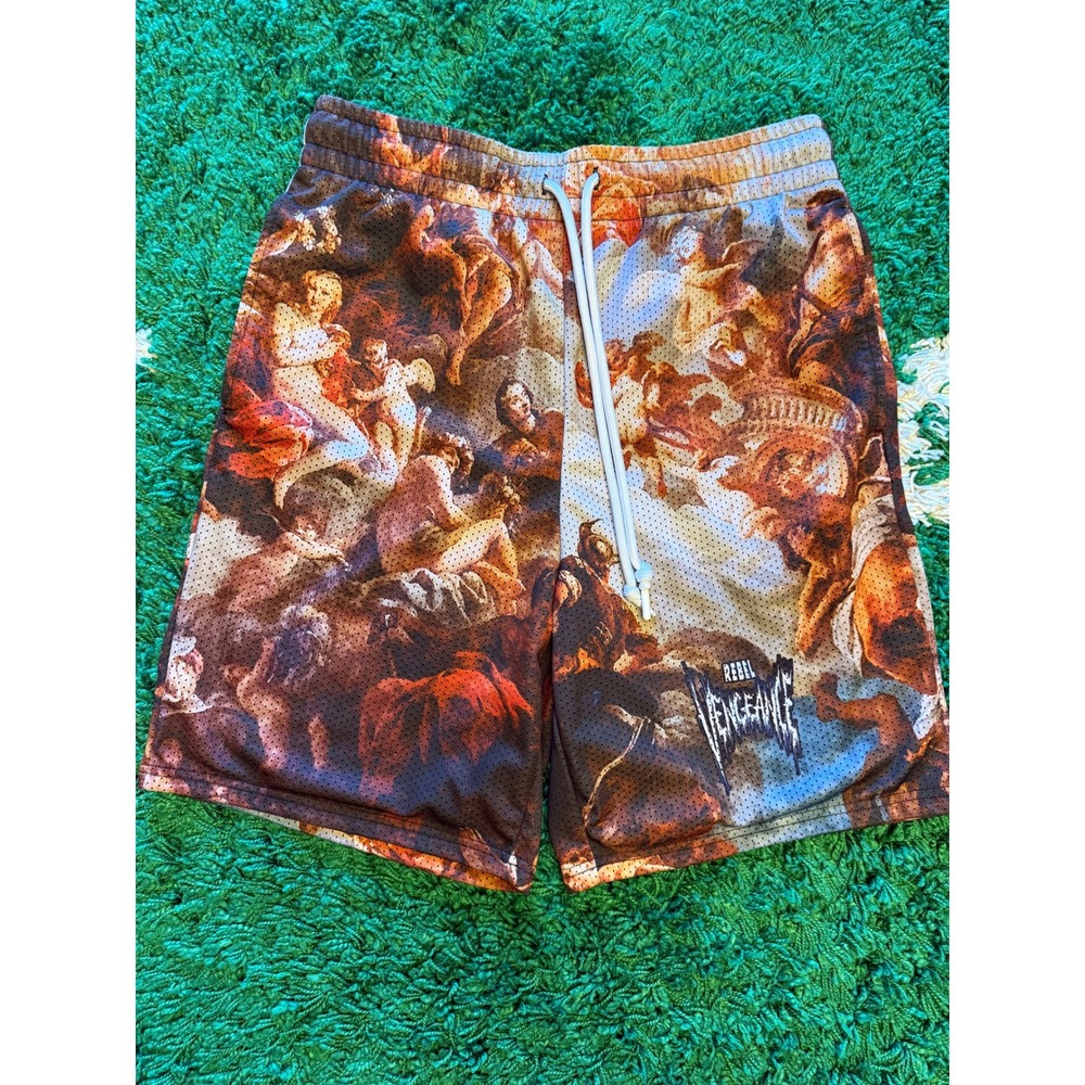 Rebel Vengeance Mesh Shorts Mens Medium Multi‎ Excellent Renaissance Graphic Art